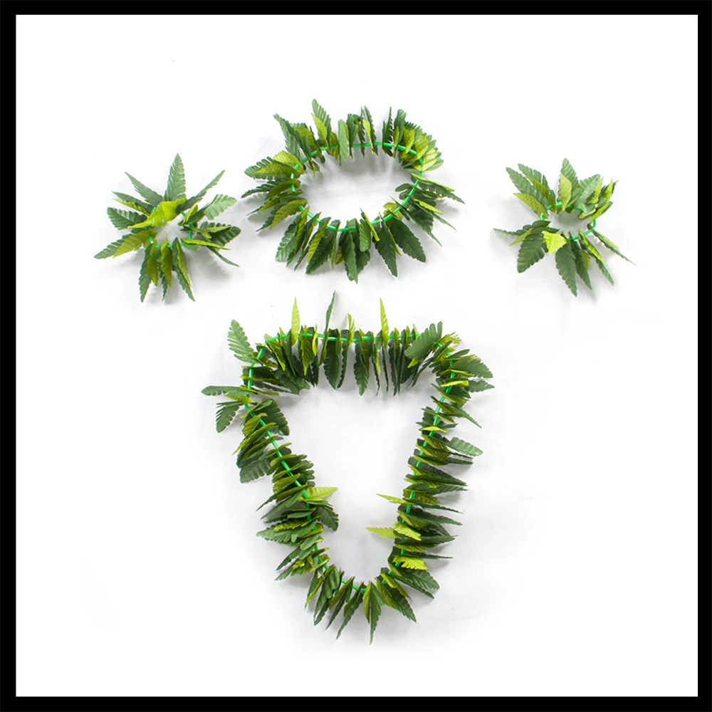 4pcs/set Leaf Hula Hawaiian Artificial Leaf Skirt Garland Necklace Bracelet Fancy Dress Party Hawaii Beach Decorection