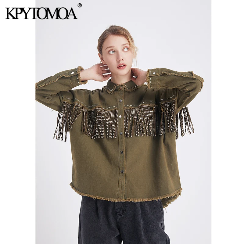 Finest  Vintage Stylish Fringe Beaded Loose Denim Jacket Coat Women 2020 Fashion Long Sleeve Frayed Trim La