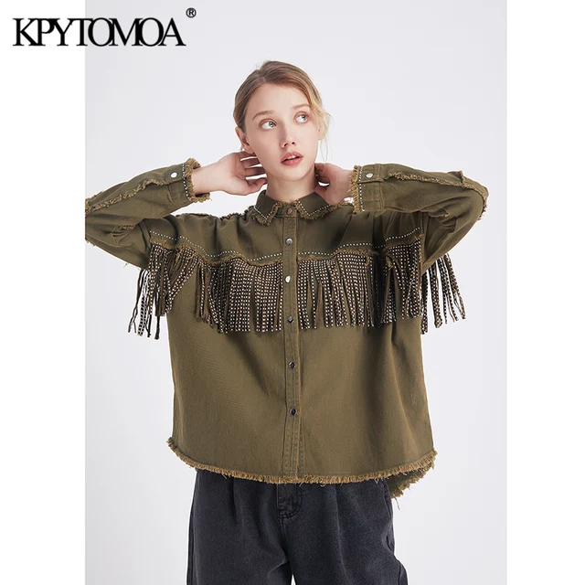 US $21.04 Vintage Stylish Fringe Beaded Loose Denim Jacket Coat Women 2020 Fashion Long Sleeve Frayed Trim La