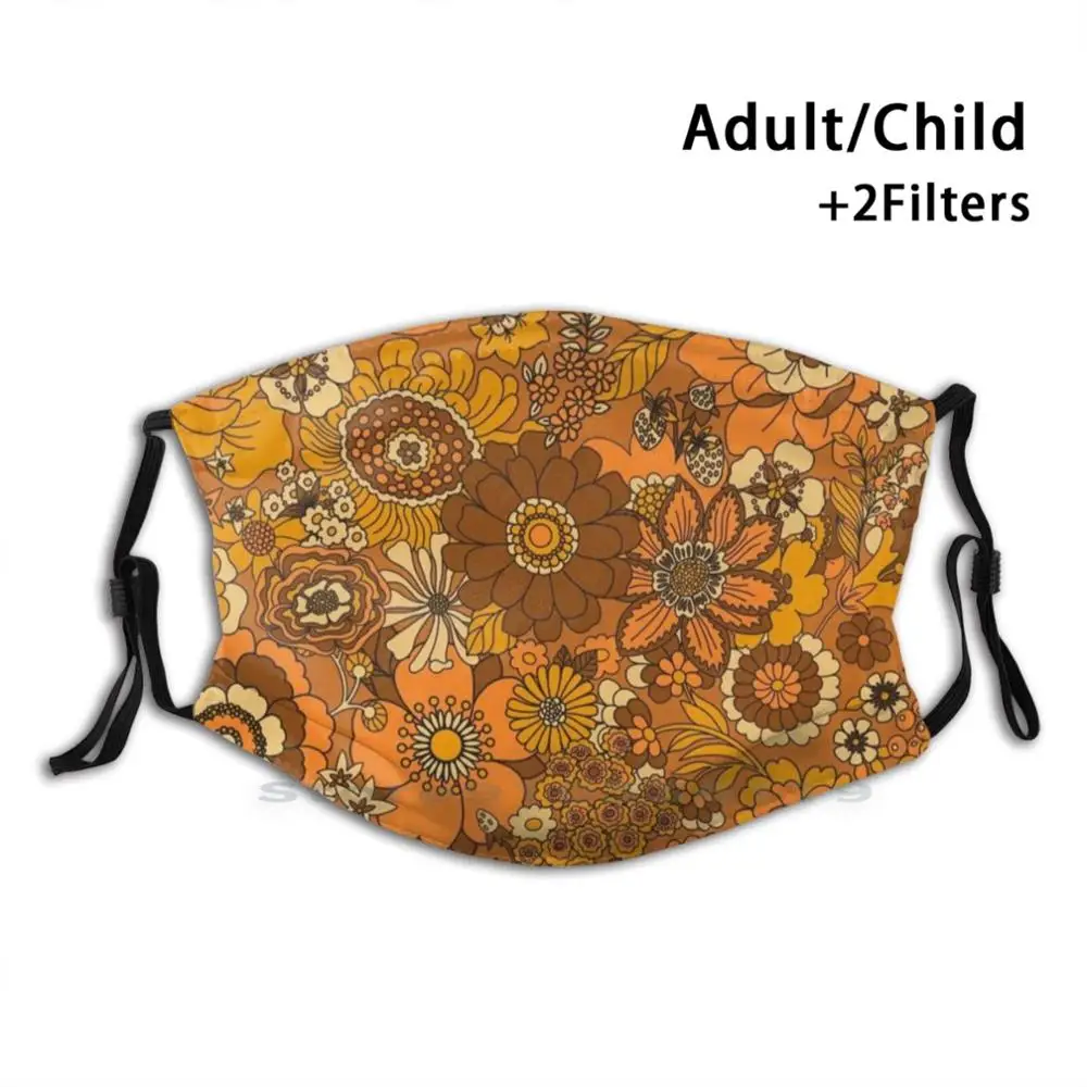 

70S Floral In Orange. Reusable Mouth Face Mask With Filters Kids Retro Floral Groovy Hippie Psychedelic 70S 1970S 60S 1960S