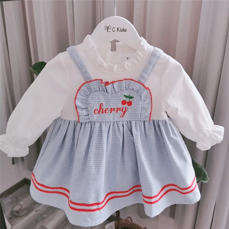 toddler autumn spring clothes 0-4T little baby dresses Sweet cherry letter strap Splicing dress Princess dress