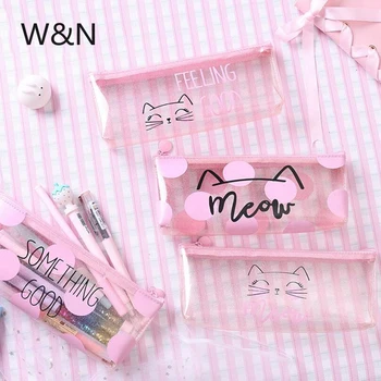 

Transparent Pencil Case Pink PVC Kawaii Cat Pencil Case for Girls School Supplies Stationery Pouch Cute Pencil Box Kalem Kutusu