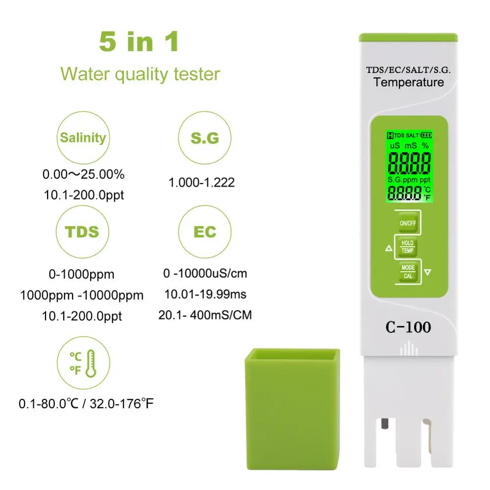 

5 in 1 TDS Meter Water Quality Tester Automatic Calibration 0-990ppm Ideal Water Test Meter Drinking Water Aquariums Test Tool