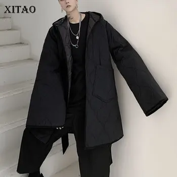 

XITAO Plus Size Black Parka Fashion New 2019 Winter Pocket Bandage Full Sleeve Hooded Collar Minority Looser Coat DMY2025
