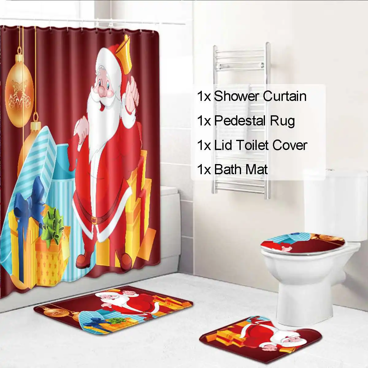 

Christmas Features Dust-proof Absorbent Bathroom Set Four Anti-Skid Toilet Mat Shower Curtain Carpet Bathroom Mat Set Decoration