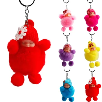 

Cute Sleeping Baby Bowtie Fluffy Pompom Fur Plush Doll Mini Keychain Keyring Key Ring Kids toys Juguetes Brinquedos игрушки