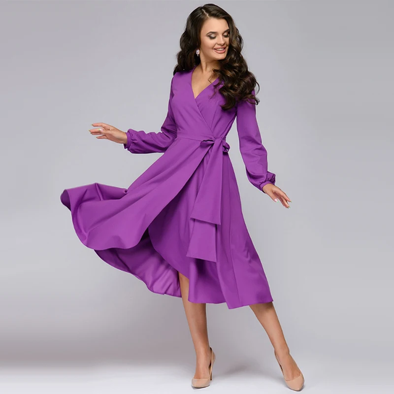 Goede Vintage een Lijn Ruches Party Dress Dames Lantaarn Mouw v hals Sexy Elegante Jurk 2019 Herfst Mode Lange Jurk Vestidos