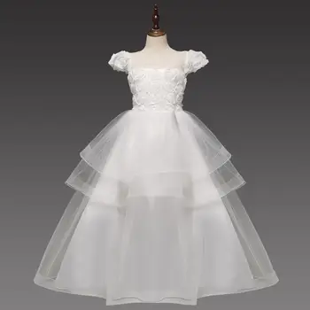 

New Mesh Flower Child Wedding Party Banquet White Dress Girl Princess Birthday Party First Eucharist Long Party Dress vestidos