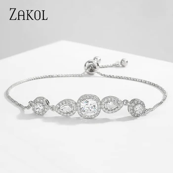 

ZAKOL Luxury Water Drop & Squre Cubic Zirconia Crystal Adjustable Bracele & Bangle for Women Fashion Bridal CZ Wedding Jewelry