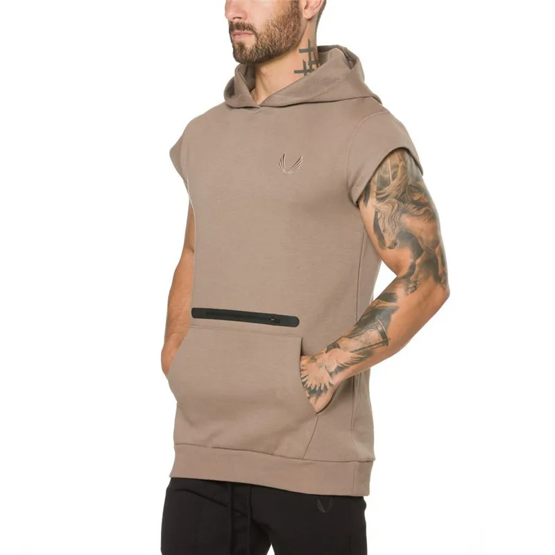 

New Autumn Men Hoodies Gym Sleeveless Sports Sweatshirts Big Zipper Pocket Hooded Sweatshirts Mens Workout Fit Hoodies Tracksuit
