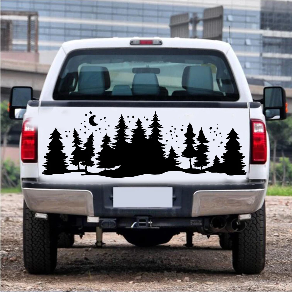 Camper Rv Star Ry Forest Pine Tree Star Moon Wall Sticker Playroom Woodland Legname Campeggio Moonlight Wall Decal Camera Da Letto Vinile