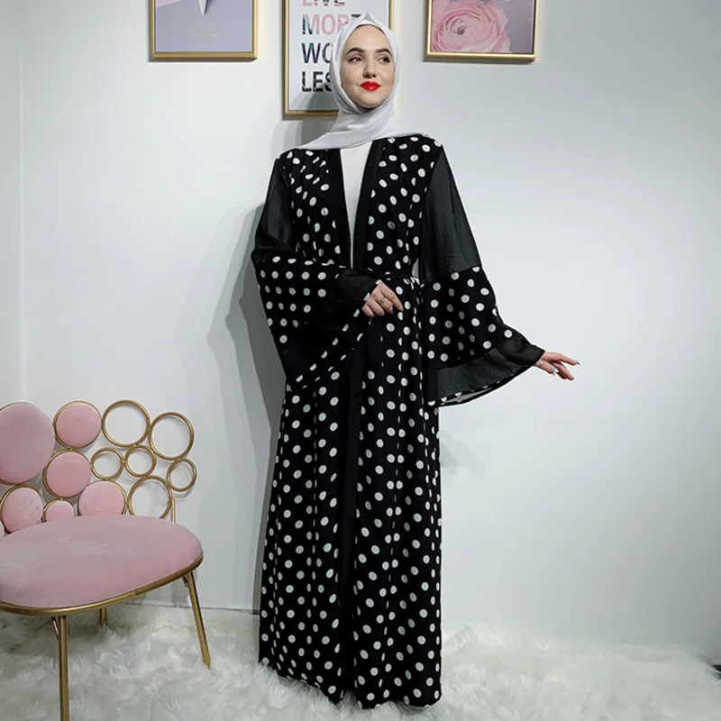 

Abaya Muslim Fashion Black and White Polka Dot Lace Cardigan Ramadan Women Robe Islamic Arab Kimono Saudi Mosque Dress Kaftan
