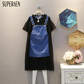 

SuperAen Pluz Size Dress Women 2020 Summer New Korean Style Ladies Dress Fashion Fake Two-Piece Short Sleeve Women Clothing