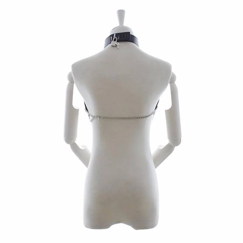 Sexy Faux Leather Body Harness Metal Drape Chain Bra Crop Top Vest Lockable Collar Fetish Bondage Underwear Costume