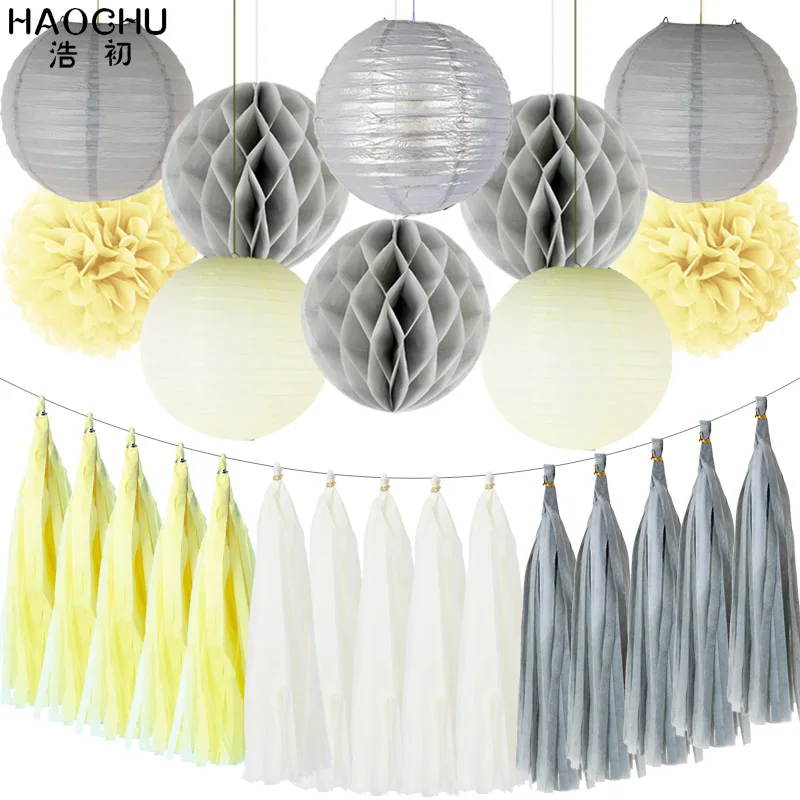 Beige Gery 25pcs/set Gold White Round Hanging Paper Ball Lanterns Honeycomb Tissue Pom Poms Tassel Birthday Wedding Theme Party Decorations - Цвет: Beige Gery