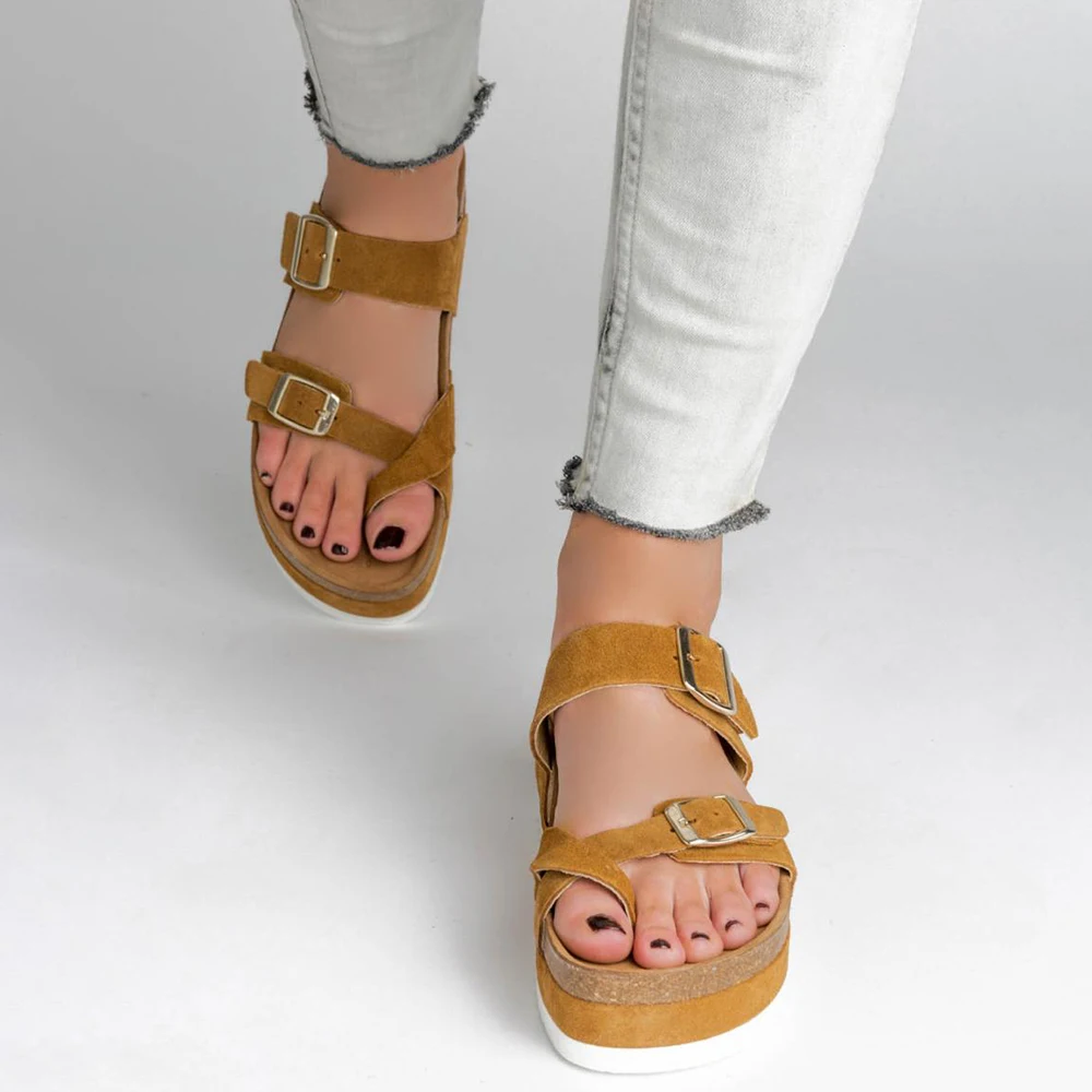 

LASPERAL Summer Beach Slippers Casual Double Buckle Clogs Solid Rome Style Platform Women Slip on Flip Flops Flats Shoes