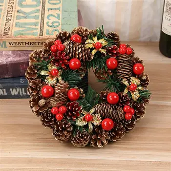 

27cm Christmas Wreath Handmade Rattan Garland Artificial Pine cone Red berry Festival Hanging Door Wreath Christmas Decoration