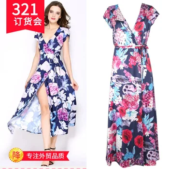 

Hot Selling 2020 Summer New Style Europe and America Printed V-neck Lace-up Bohemian Big Hemline Dress Women's 5278