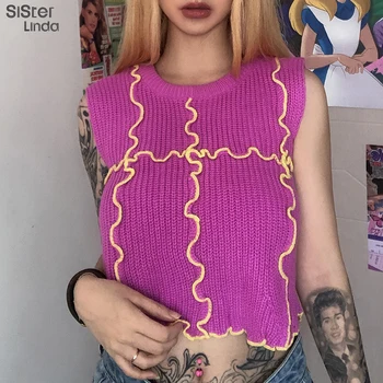 

Sisterlinda Knitwear Pink Patchwork Tank Tops Women Tees Sleeveless Fashion Street Style Crop Top 2020 Autumn Slim Ruffles Vest