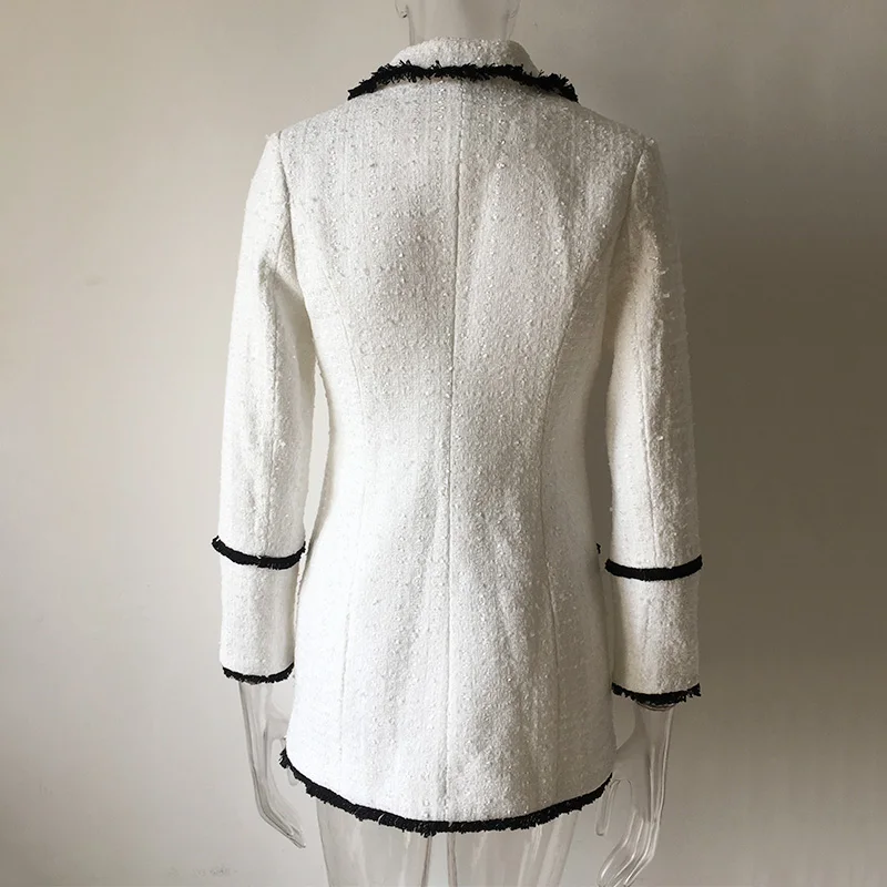 Plus Size XXXL Women High Street Long Jackets Runway Beading Double Breasted Solid Color White Slim Chic Blazers High Quality