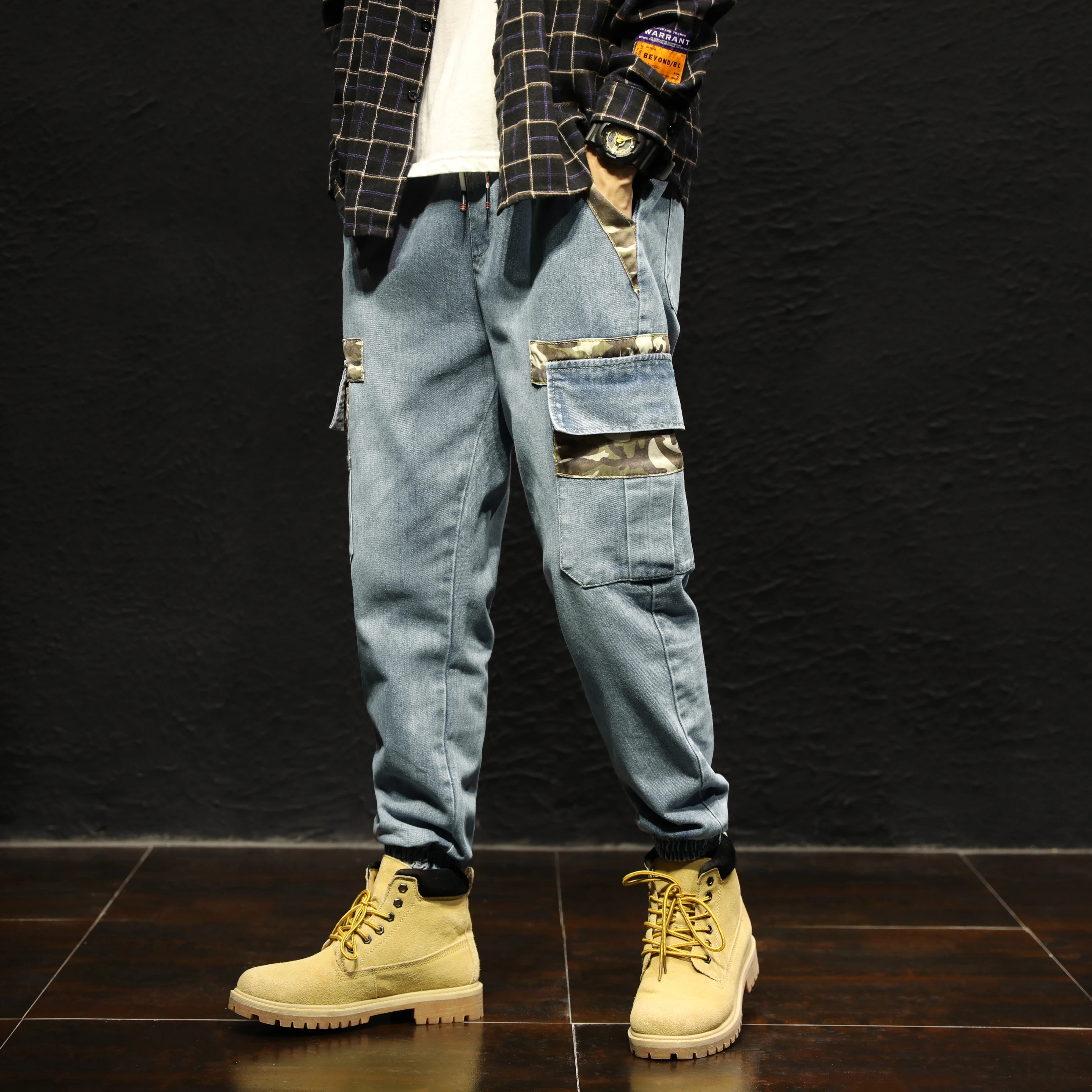 60% OFF Stretch men's jeans loose large size casual blue big men's long pants jeans Elastic waist M-7XL Camouflage clothing stitching