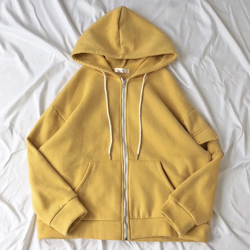 yellow Mooirue осень зима толстовки для женщин утолщение увеличивают Живучесть конфеты цвет рукав карман дизайн фиолетовый Толстовка с капюшоном - Цвет: yellow