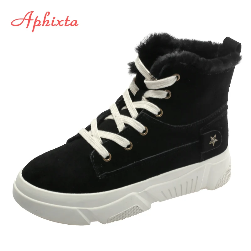 Aphixta Platform Shoes Winter Snow Boots Women Ankle Boots Flat Heel Star Lace-up Fur Bottes Flock Warm Plush Shoes Woman Boot - Цвет: Black