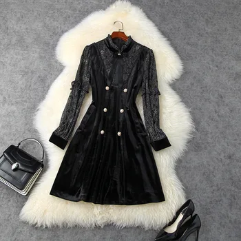 

New 2020 autumn winter women girls cute little black dress long sleeve bow stand collar double breasted lurex patchwork dresses