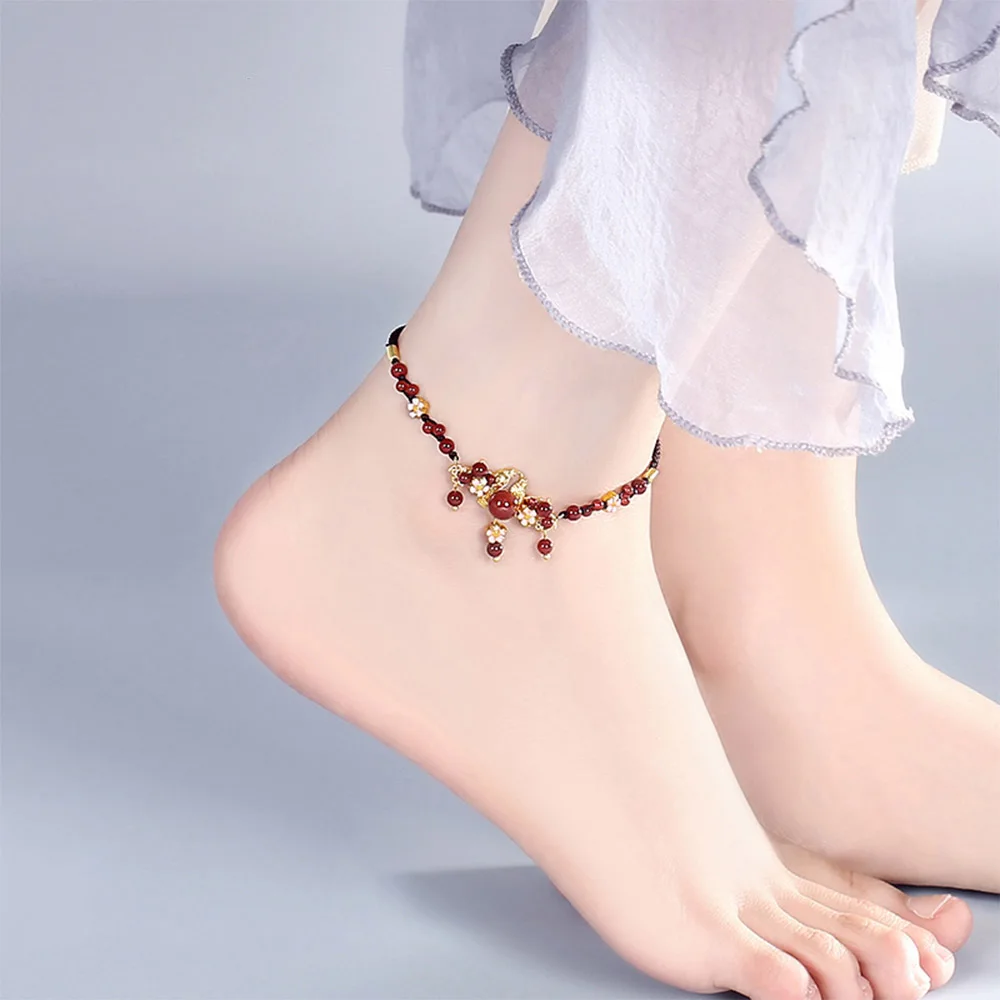 Red Onyx Anklet Handmade Woven Adjustable Red Anklet Literary Cloisonne Flower Accessories