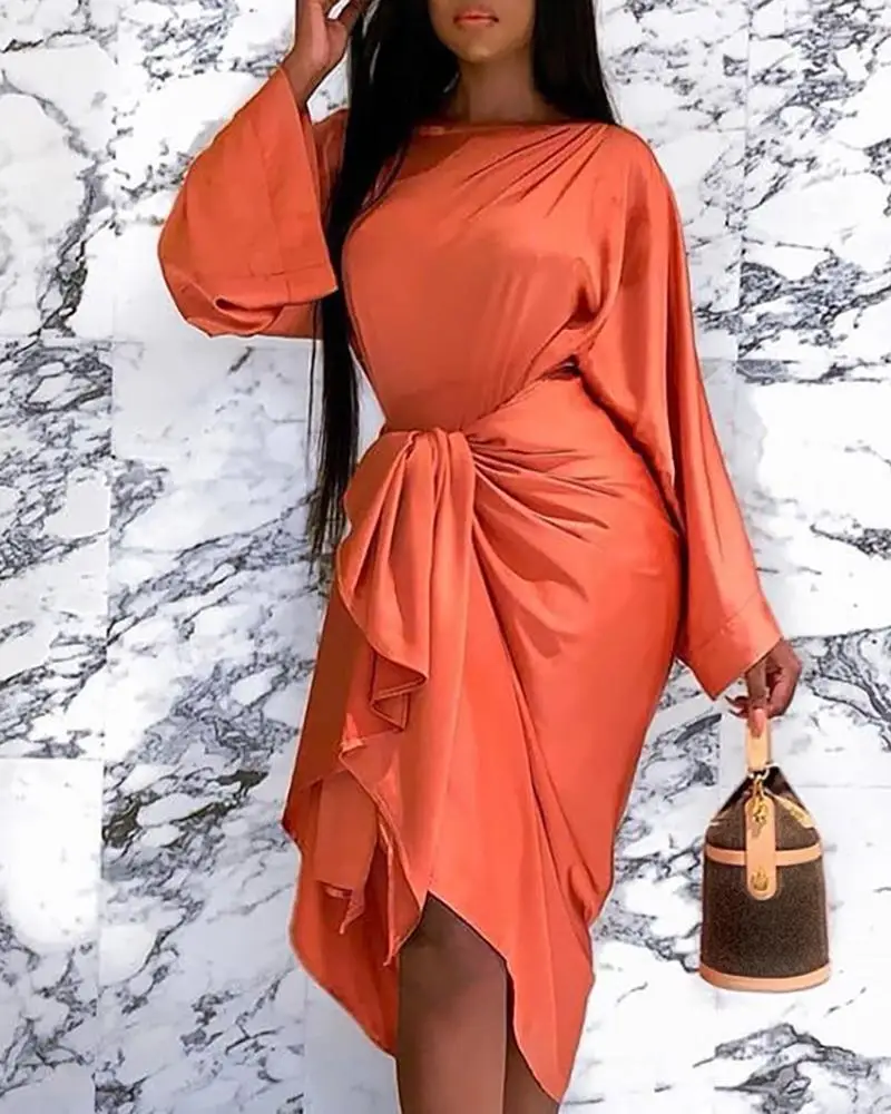 

Batwing Sleeve Tied Front Midi Dress Women Irreguler Wrap Dress Autumn Party Dresses Robe Femme