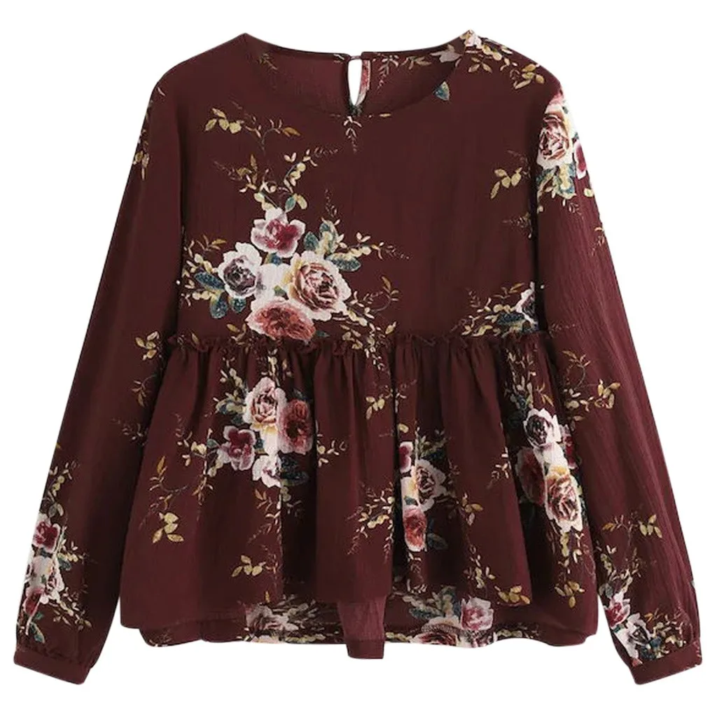 

Women Casual Chiffon Button O-Neck Blouse Floral Print Long Sleeve Tops Blouse Women Plus Size blusas mujer de moda 2019 #3