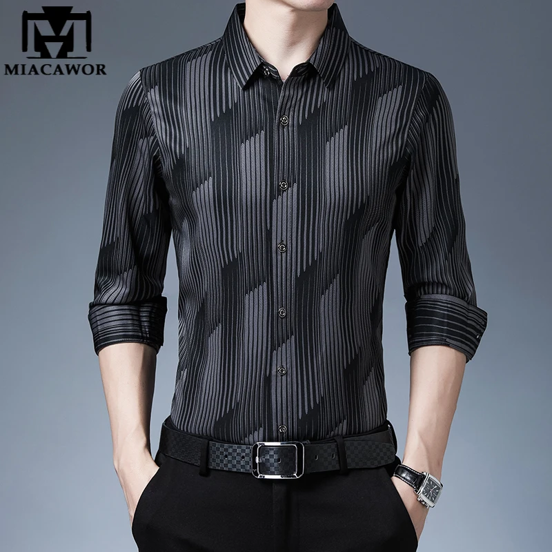 

New Brand Designer Men Shirts Striped Slim Fit Silk Luxury Dress Shirts Spring Long Sleeve Camisa Masculina Men Clothing C804