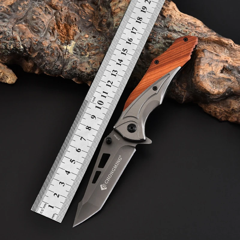 180mm 7CR15MOV Blade Knives Titanium Folding Knife Wood Handle Survival Tactical Pocket Knife Small Combat Military Knifes+ Box