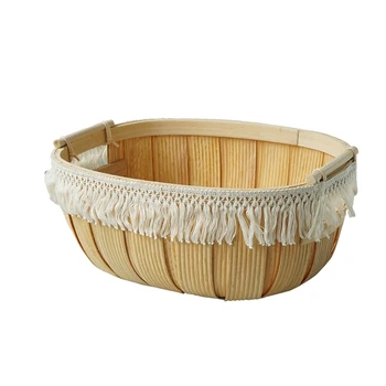 

Wood Rattan Weaving Basket Beige Tassels Storage Frame Nordic Style Tableware Soft Furnishings Home Decoration