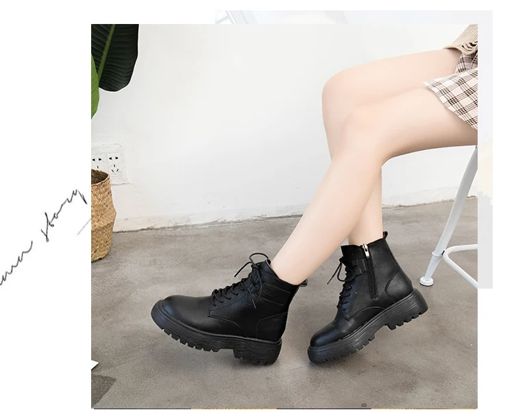 Lady Boots Rock Shoes Woman Low Heels booties Lace Up Winter Women Luxury Designer Round Toe Ladies Martins Rubber Mid-Calf