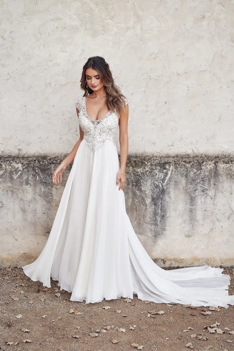 В богемном стиле V образным вырезом Свадебные платья с коротким рукавом из бисера с открытой спиной Большие размеры Свадебное платье в стиле "Бохо" vestido de novia - Цвет: Белый