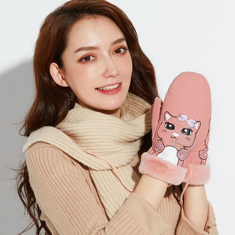 

Winter Ski Gloves for Outdoor Play In Snow, Windproof, Waterproof and Velvet Cat Hanging Neck Warm Mittens