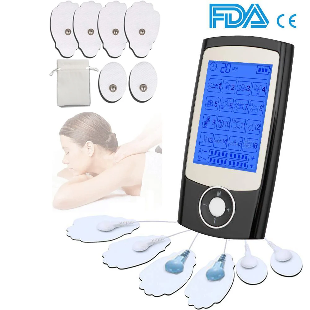 NURSAL EMS TENS Unit Muscle Stimulator with 8 Electrode Pads/Storage  Pouch/Pads Holder, Rechargeable 16 Modes Electronic Pulse Massager for Pain