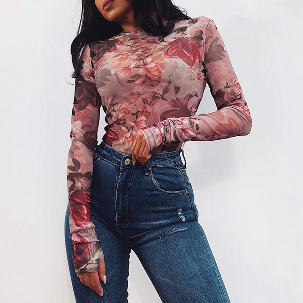 2020 Summer Ladies Slim Fit Leotard Jumpsuit Body T shirts Bodysuit Women Mesh Sheer Long Sleeve Floral Print Romper Skinny Tops
