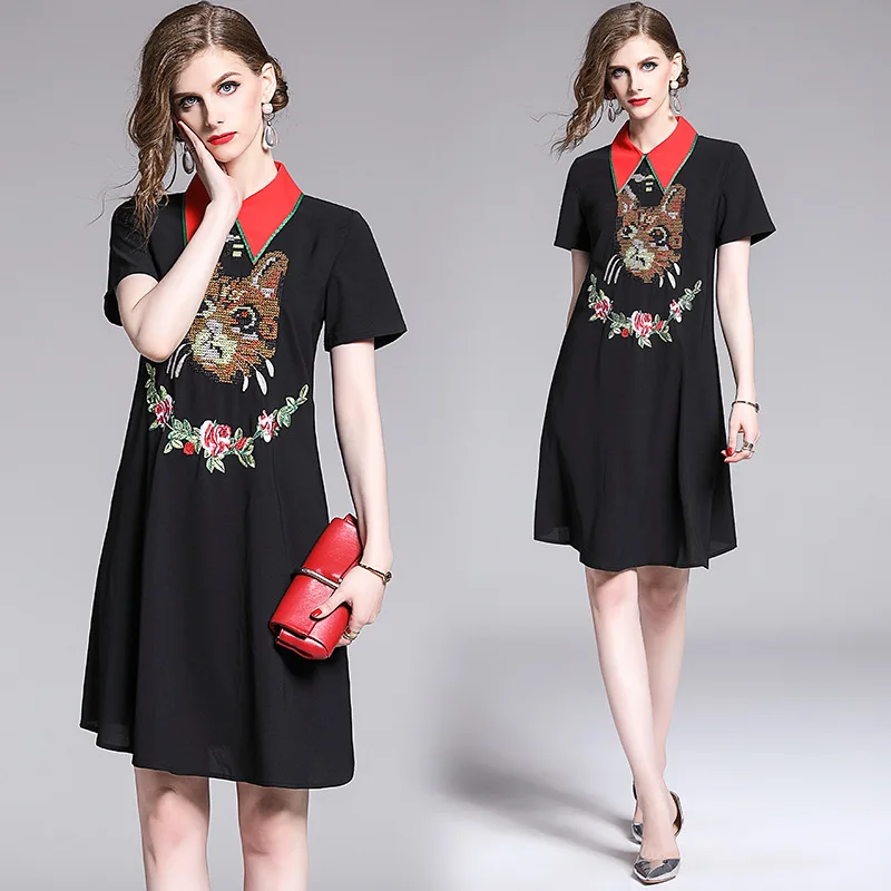 

Contrast Color Fold-down Collar Short Sleeve Cross Stitch Embroidery Flower A- line Version Loose Style College Style Dress 2019