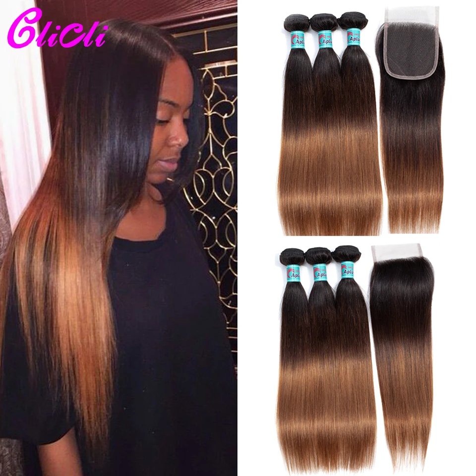  1B 4 30 ombre brazilian hair bundles with closure 3 tone color straight human hair weave bundles wi