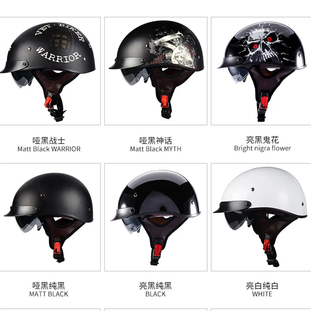 Motorbike Retro Helmet Vintage Half Face German Style For Harley Chopper Cruiser Cycling Touring Bright Black 