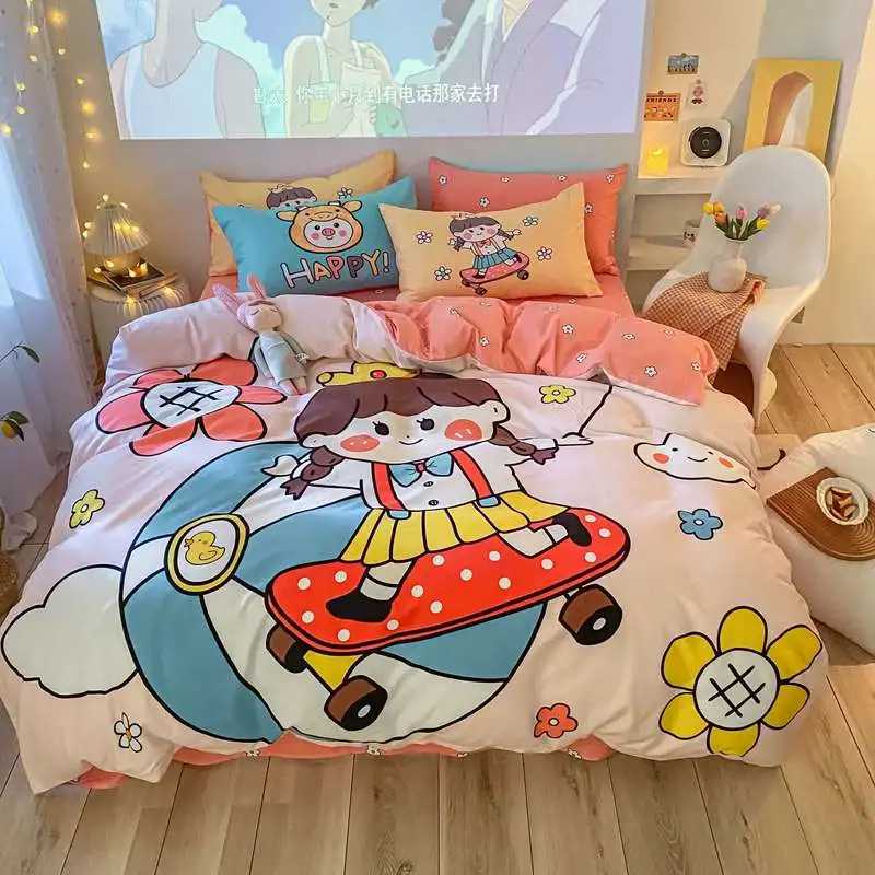 

Princess Style Cartoon Cute Quilt Cover Bed Sheet 4PCS Skin-friendly Duvet Cover Set Pink Yellow Strawberry Bedding Set