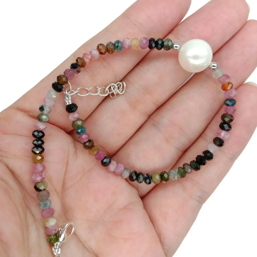 Natural Rainbow Faceted Rondelle Tourmaline White Pearl Bracelet Silver Clasp Natural Rainbow Faceted Rondelle Tourmaline White Pearl Bracelet Silver Clasp
