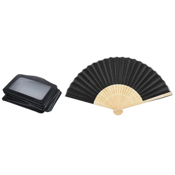 

10 Pcs Faux Leather Horizontal Name Tag ID Work Badge Card Holder Black & 1 Pcs Black Silk Hand Fan Black Bamboo Ribs Hand Held