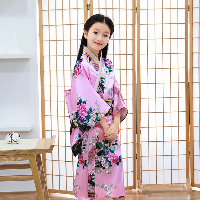 Восточный, Азиатский, для детей, для девочек, японское кимоно, платье, традиционные костюмы, Haori Yukata, павлин, роскошный атласный халат, одежда для сна, пижамы - Цвет: Color2