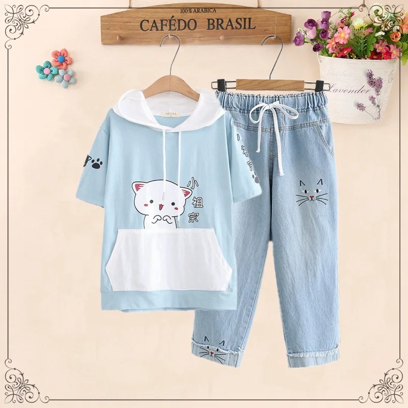 Women Sets Top And Pants Cartoon Print Hooded T Shirt With Elastic Waist Embroidery Calf Length Denim Pants Summer Clothes Sets lounge wear sets Women's Sets