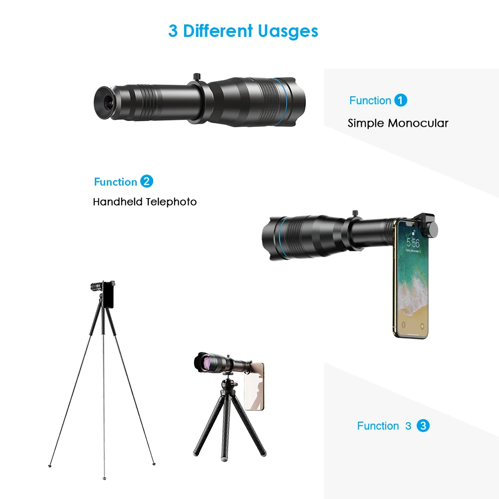 APEXEL Smart Phone lens HD 60X metal telescope telephoto lenses monocular lens+ extendable tripod For iPhone Huawei Samsung