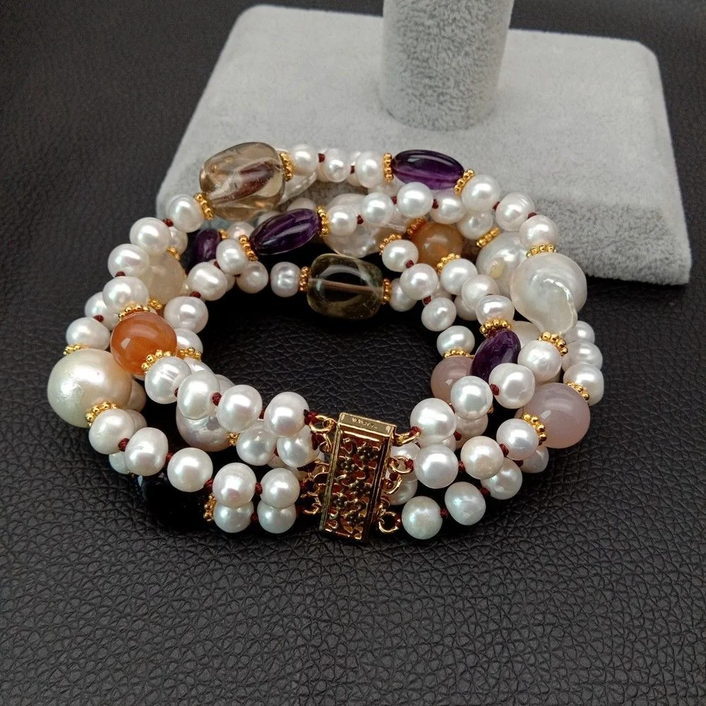 

Keshi Pearl Bracelet 5 Rows Purple Crystal Onyx 8'