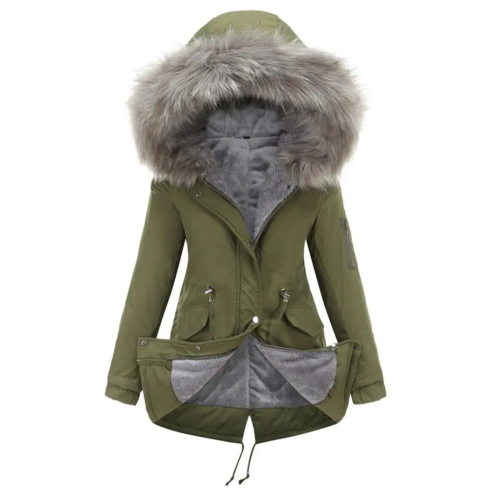 

Winter women's velvet warm coat, Dalian hat and fur collar, windproof and warm mid-length coat, hidden zipper, drawstring design